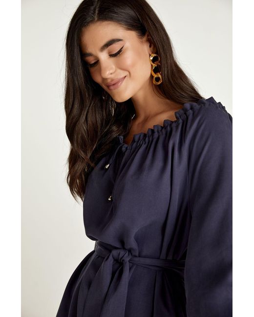 Conquista Blue Belted Tencel Dress With Pockets