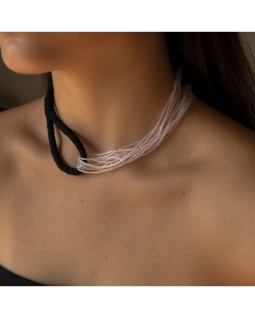 WAIWAI Black Interlock Leather And Glass Bead Necklace