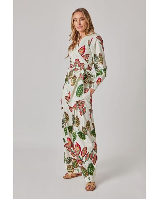 Marianna Déri White Palazzo Pants With Leaf Print And Tie Belt