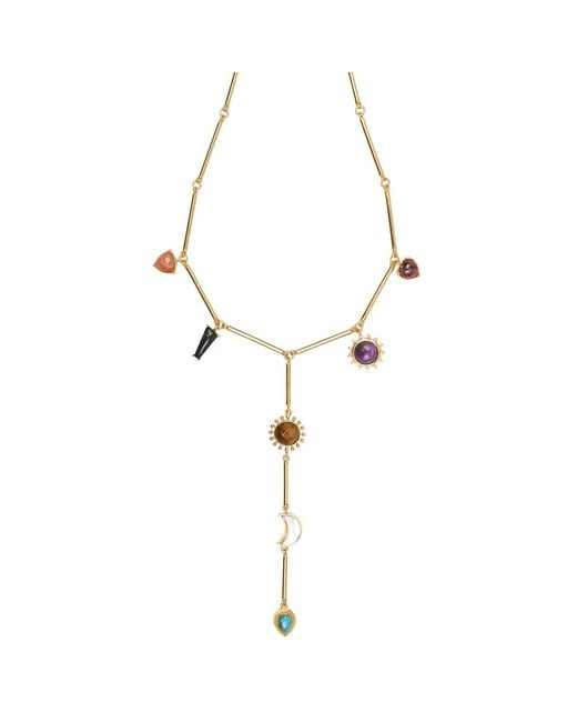 Lila Rasa Metallic Multi Stones Drop Lariat Necklace With 7 Semi-Precious Gemstone