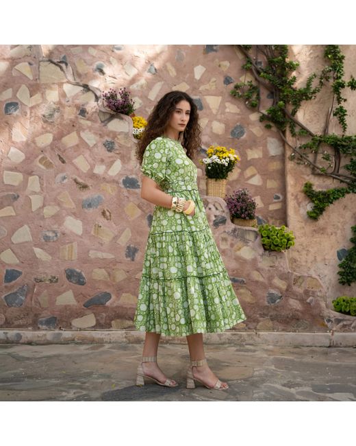 Echo of Pink Green Matilda Hand Block Print Cotton Dress