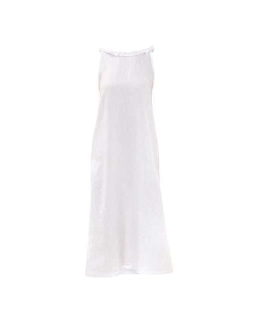 Haris Cotton White Sleeveless Linen Dress With Butterfly Neck