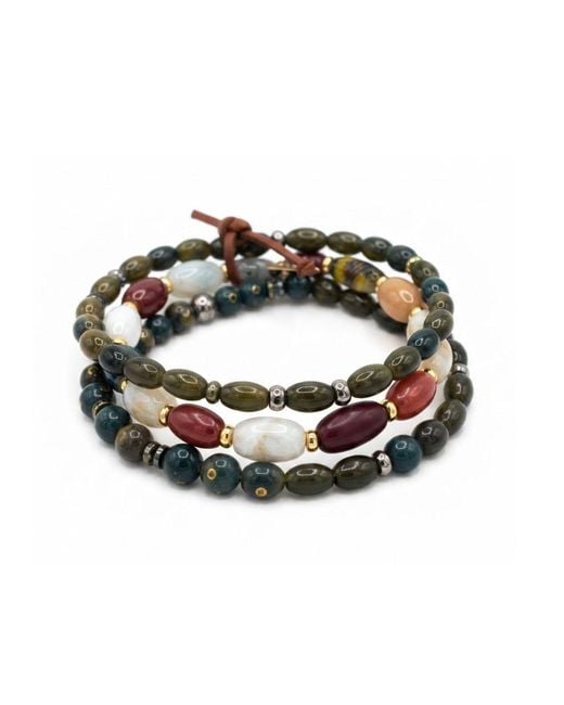 Jaredjamin Metallic Silvan Wood & Oval Gemstone Stackable Bracelet Set for men