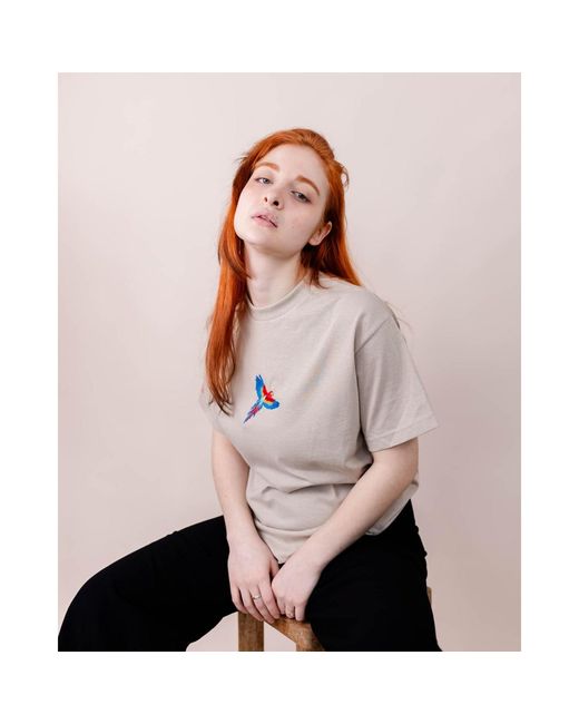 Nooltrends White Neutrals Colourful Parrot Embroidered T-Shirt for men