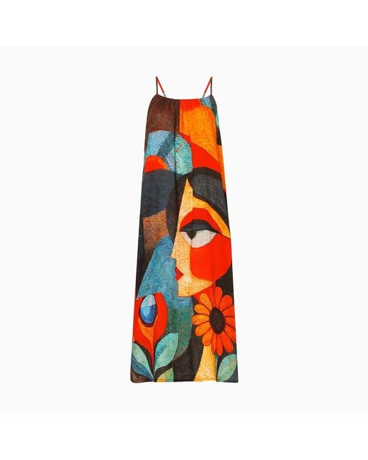 DHARA SHETH DUBAI Red Muse Abstract Art Spaghetti Strap Cotton Maxi Dress