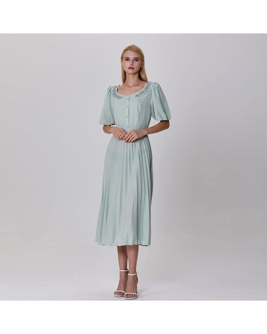 Smart and Joy Green Neutrals Pleats And Embroideries Blouse-Dress