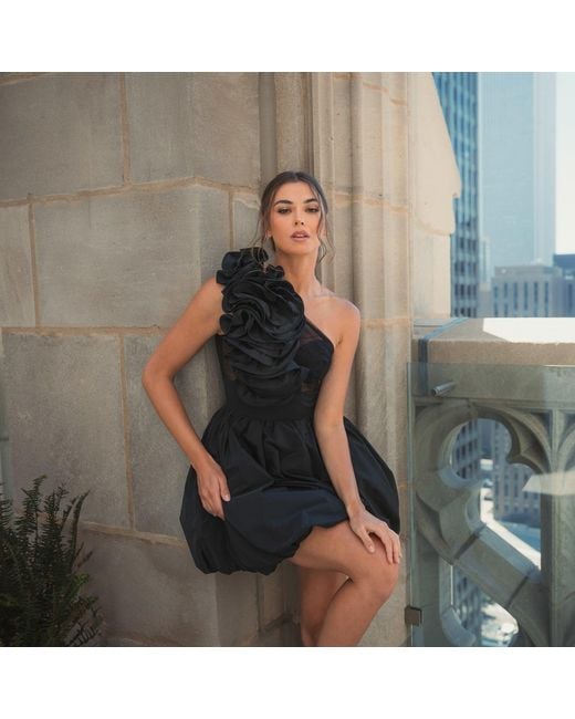 Mac Duggal Black One Shoulder Ruffle Bubble Hem Mini Dress