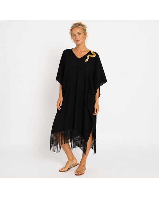 House of Laines London Black Laines Couture Fringed Kaftan With Hand Embellished Shoulder Snake