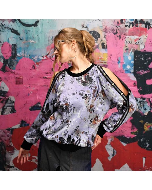 Lalipop Design Blue Floral Print Sweatshirt With Snap-Button Shoulder Detail