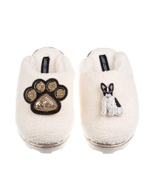 Laines London White Neutrals Teddy Closed Toe Slippers With Paw & & Sitting French Bulldog Brooch