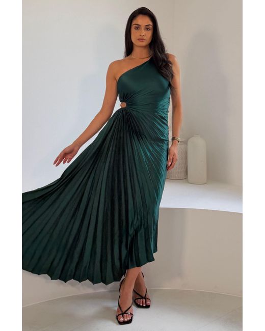 Girl In Mind Green Aoife One Shoulder Pleated Midi Dress Emerald