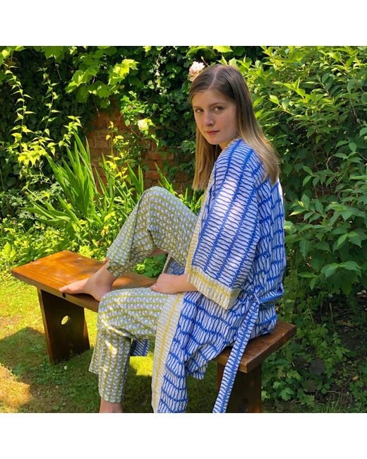 Lime Tree Design Blue Full Length Cotton Kimono Beach Cover Up
