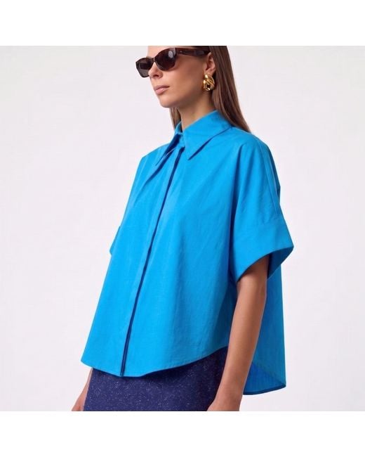 Arto. Blue Be Bright & Excited Cuff Short Sleeve Flared Shirt