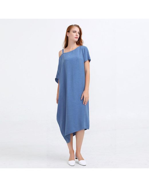 Smart and Joy Blue Asymmetrical Minimalist Cupro Fitted Dress