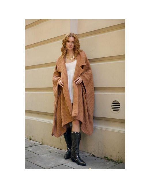 Saachi Brown Comfy Oversized Waffle Knit Collared Camel Jacket