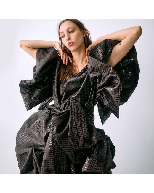 Miro Misljen Black Sequined Ruffled Wrap Dress
