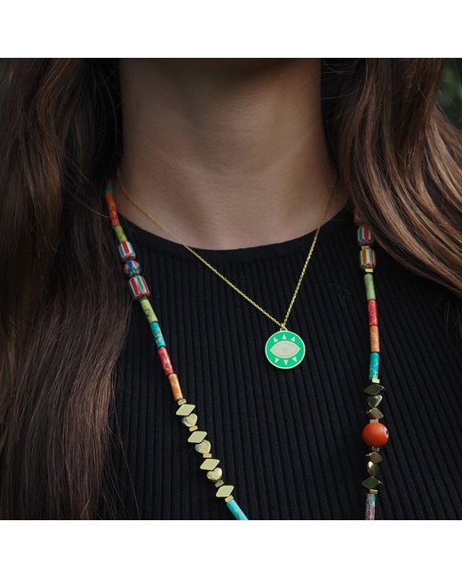 Ebru Jewelry Green Cheerful Neon Evil Eye & Diamond Pendant Chain Necklace