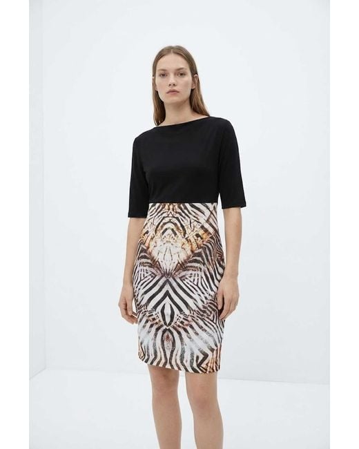Conquista Black Elegant Zebra-Print Contrast Dress