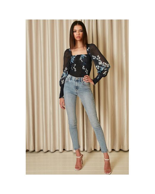 Urban Touch Blue Long Sleeve Floral Print Bodycon Top