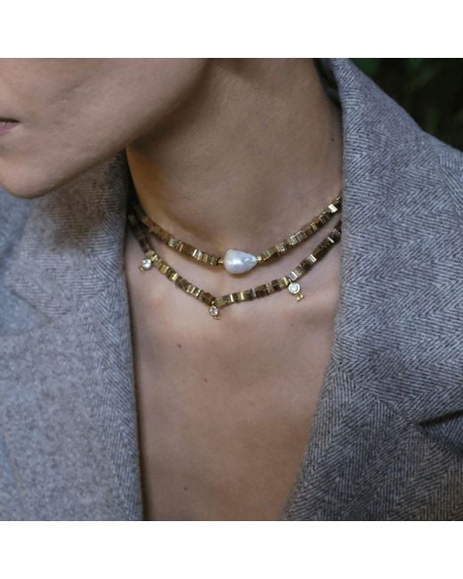 LINYA JEWELLERY Metallic Yarn Baroque Pearl Hematite Stone Necklace