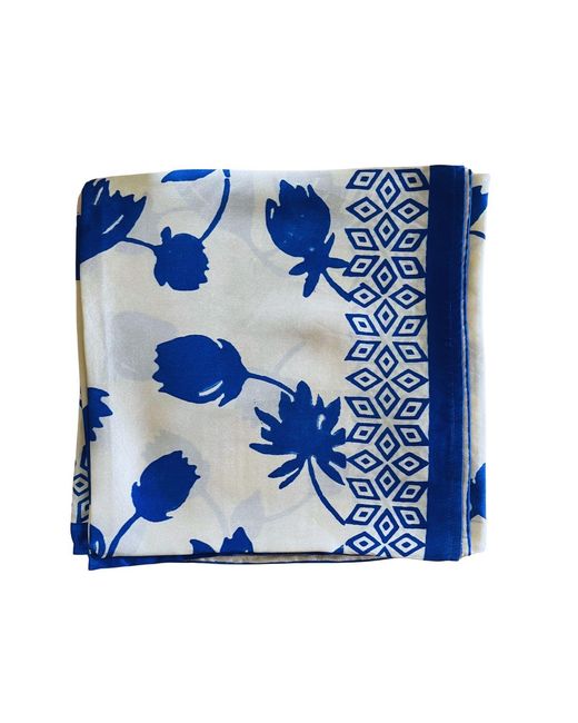 Heritagemoda Blue Neutrals Champagne And Hand-Block Printed Silk Scarf