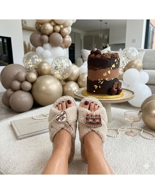 Laines London Brown Neutrals Neutral Boucle Slippers With Birthday Girl Balloon & Chocolate Cake Brooches
