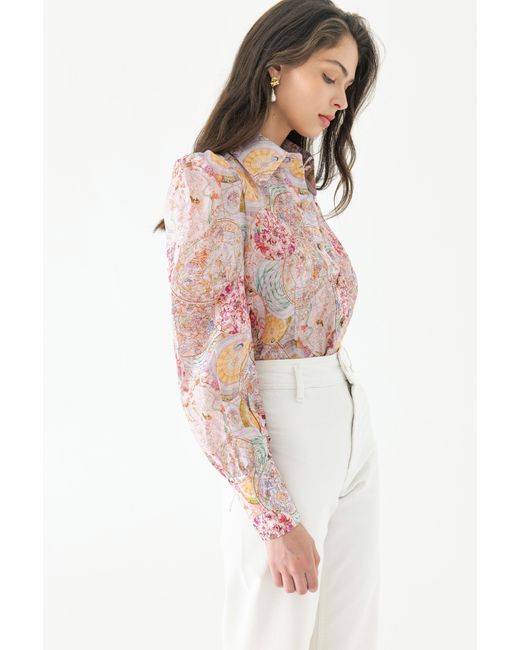 We Are Kindred Pink Aurora Silk Puff Sleeve Blouse