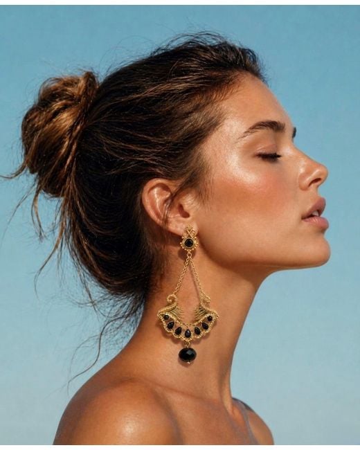 ADIBA Metallic Pharaoh Lotus Royale Onyx Earrings