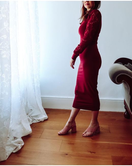 Sophie Cameron Davies Red Burgundy Lace Sleeve Jersey Midi Dress