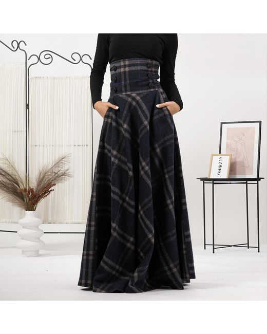 Nikka Place Blue Wool Tartan Floor Length Skirt With Ultra High Waist