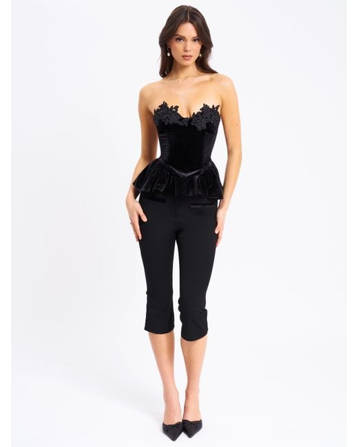 Miss Circle New York Black Qiara Velvet Peplum Top With Lace Trim