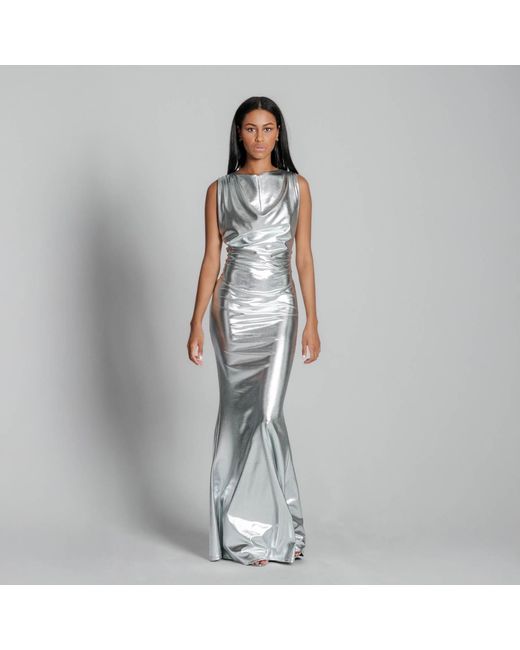 Imaatu Gray Oshun Glam Maxi Dress – Sculpting Faux Leather & Jersey Lining