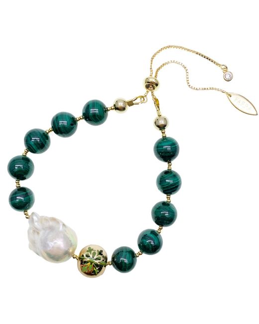 Farra Green Christmas Malachite With Baroque Pearl Adjustable Bracelet