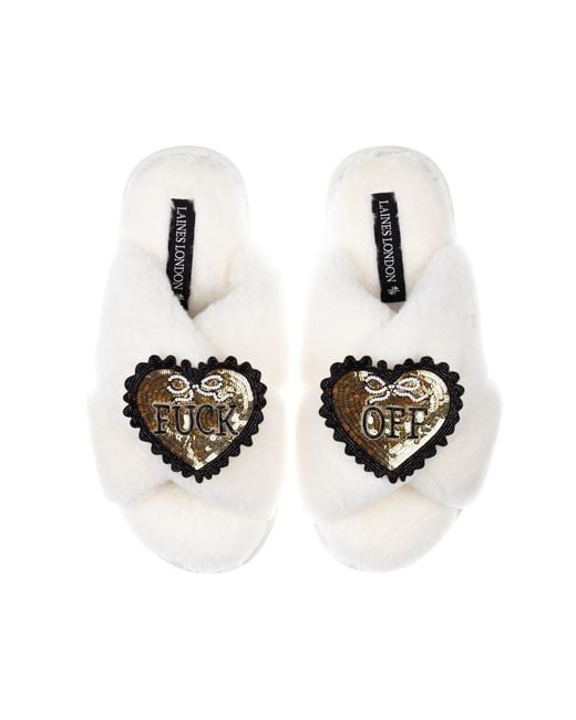 Laines London White Neutrals Classic Laines Slippers With & Fuck Off Brooches