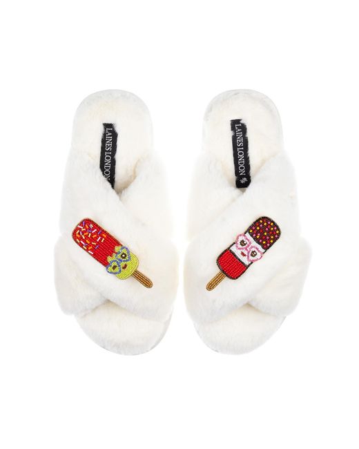 Laines London Red Neutrals Classic Laines Slippers With Cute Ice Lolly Brooches