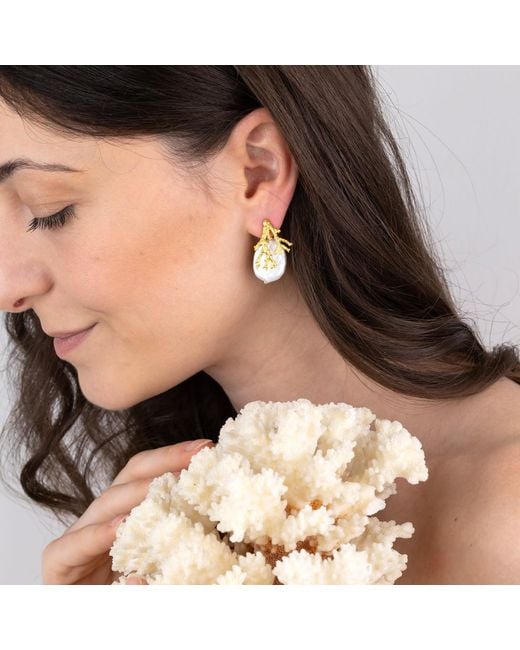 Oana Savu Metallic Coral Branch Earrings Freshwater Pearls Wedding Bridal Ear Studs
