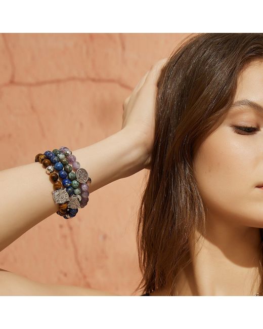 Aurozia Blue Three Charms Solar Meridian Whitegold Plated Sundial And The Sun Coin Lapis Lazuli Beaded Bracelet