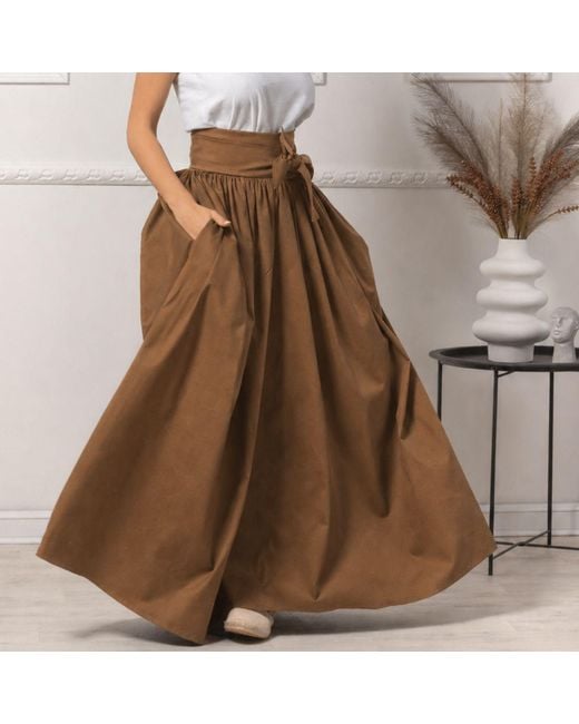 Nikka Place Brown Long Pleated High Waisted Skirt With Bow And Pockets