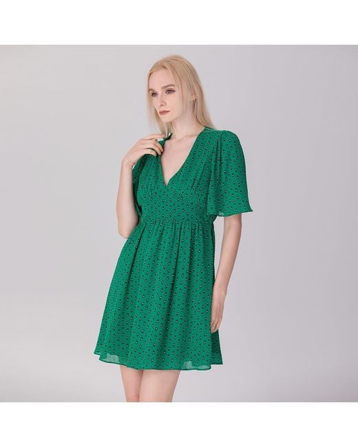 Smart and Joy Green Fit-And-Flare Triangle Waistband Printed Dress