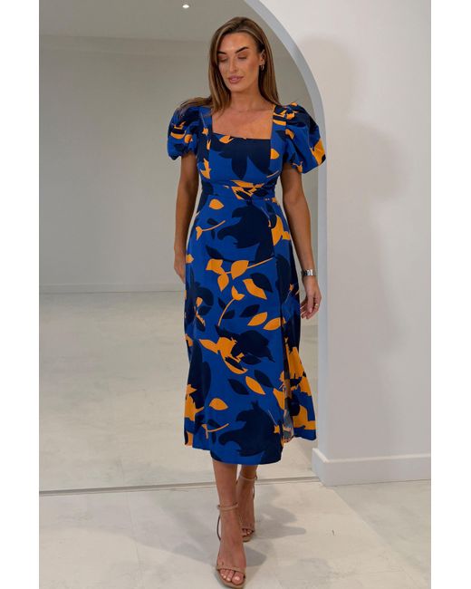 Girl In Mind Blue Shanice Cobalt & Floral Square Neck Midi Dress