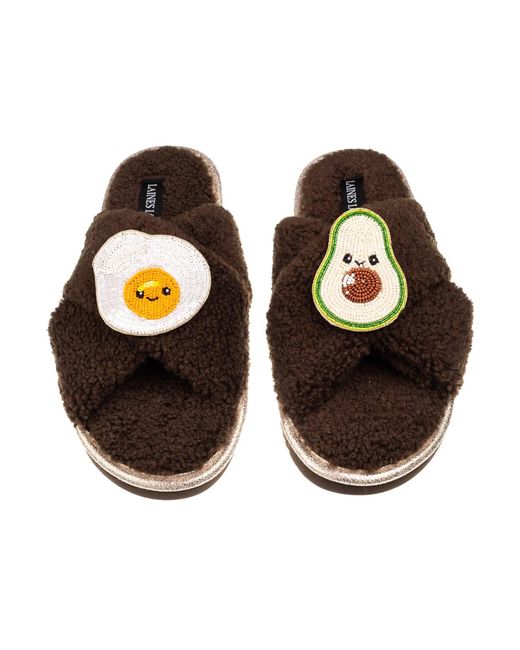 Laines London Brown Neutrals Laines Boucle Slippers With Laines Lovables Egg & Avocado Brooches