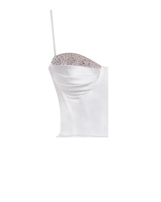 Miss Circle New York White Vanity Satin High Slit Draping Corset Gown With Crystals
