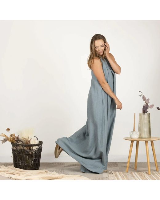 Nikka Place Gray Linen Long Maternity Dress With Pockets