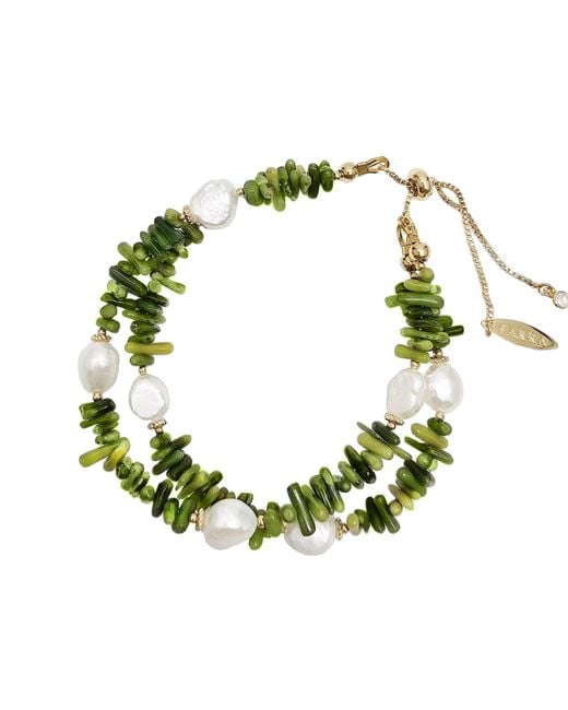 Farra Green Bamboo Coral With Freshwater Pearls Double Layers Bracelet