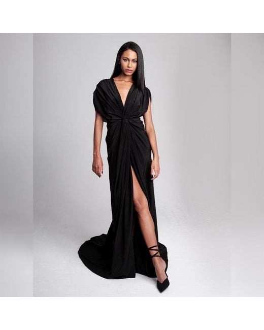 Imaatu Black Storm Gown Pure Silk Sculpting Deep V-Neckline Slot Train Carpet