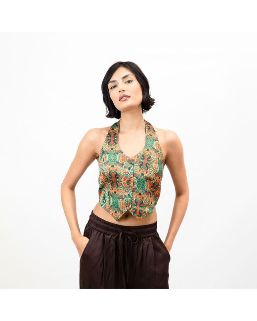 Janara Jones Green Snakes Print Satin With Buttons Vest