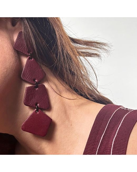 WAIWAI Purple Geometric Cascade Leather Earrings Burgundy