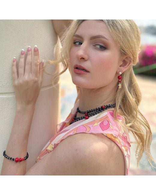 Farra Metallic Natural Garnet With Red Coral Adjustable Bracelet