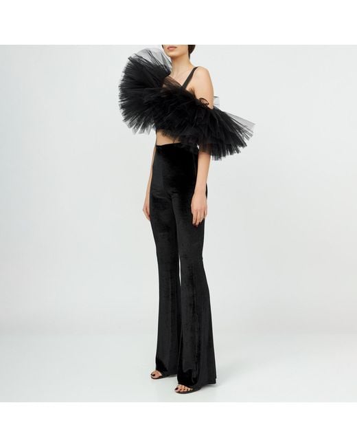 LIA ARAM Black Asymmetrical Tulle-Trimed Bustier
