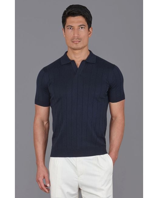 Paul James Knitwear Blue Ultra Fine Cotton Riley Selection Knit Buttonless Polo Shirt for men